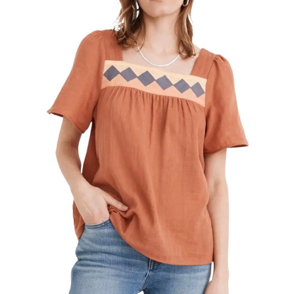 Xs Madewell Burnt Clay Rust Brown Patchwork Squar… - image 1